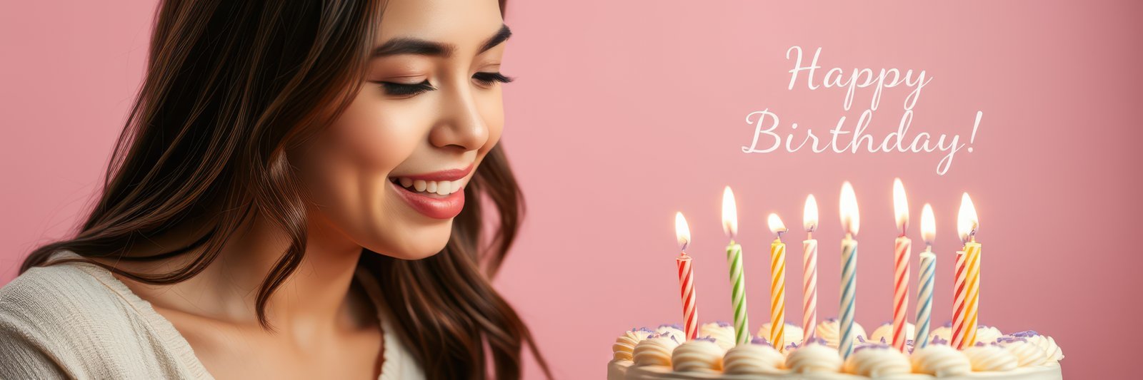 Young woman celebrates her birthday holding a cake with candles in front of a pink background during a joyful moment